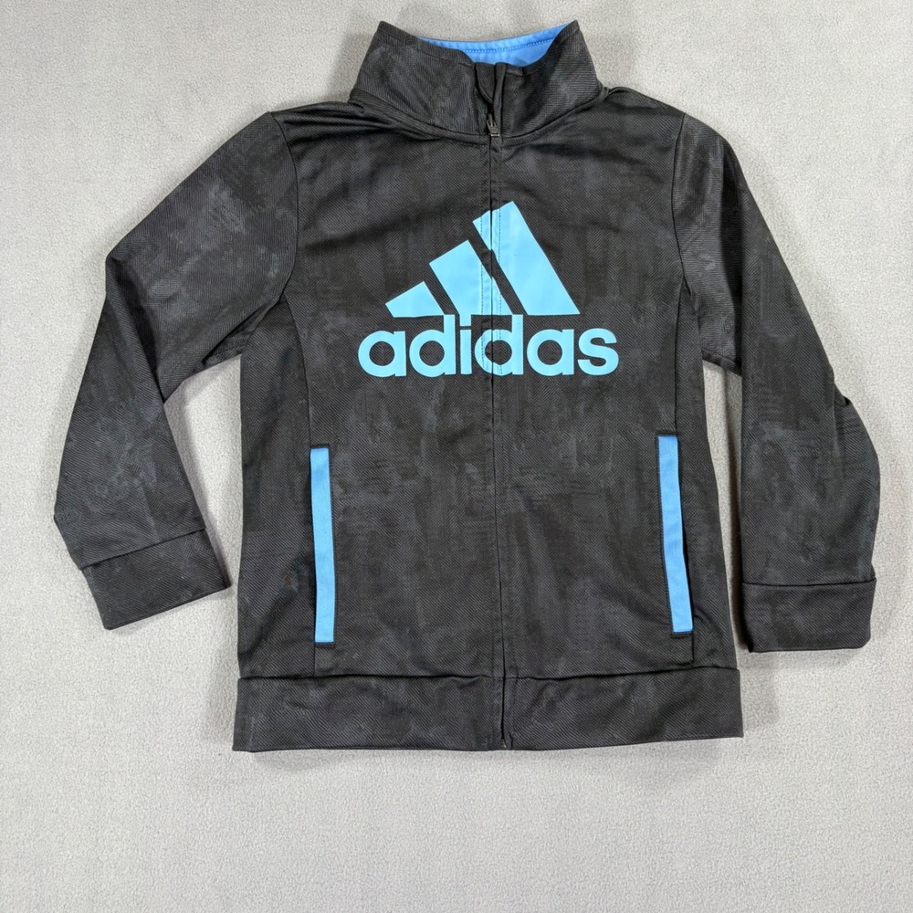 Adidas Track Jacket Kids Size 7 Grey Blue Excellent Camo Logo Zip Up AG6114